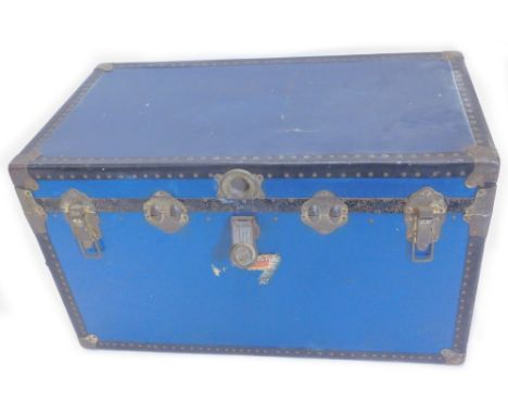 A canvas and ebonised metal trunk, 91cm W.