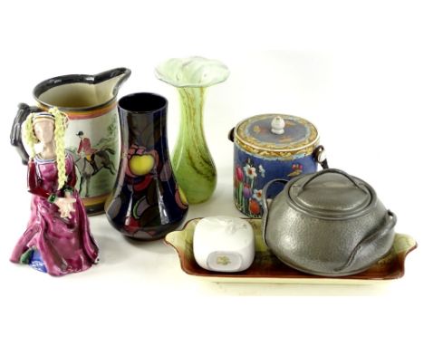 A collection of items, to include an Art Nouveau hammered pewter box and cover, a Doulton Seriesware Bodiam Castle sandwich p
