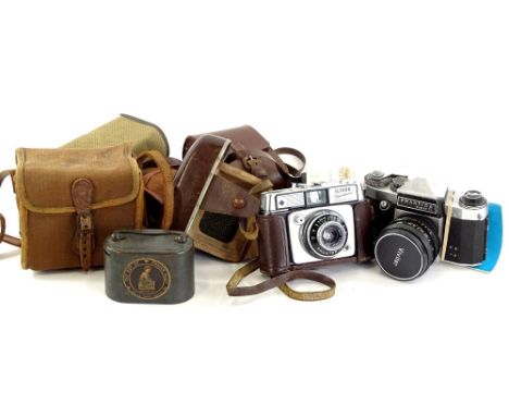 Various cameras and related equipment, to include Zeiss Ikon camera, 16cm W, a Praktica Super TL camera, and Ilford sportmans