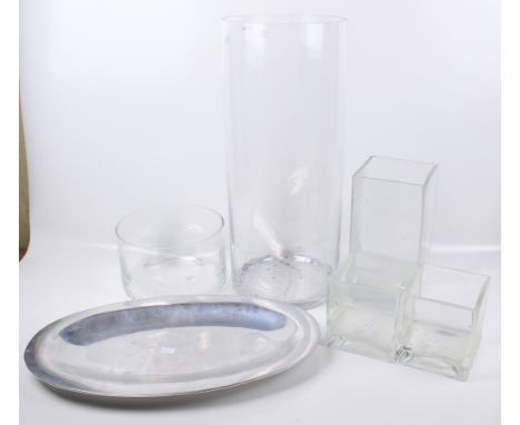 A group of five contemporary glass vases and a Nambe oval metal platter. Max. H60cm