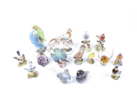 A collection of assorted ceramic and glass bird figurines. Including Crown Staffordshire J. T. Jones Golden Pheasant, etc. Ma