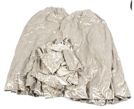 Five custom made curtains. Comprising two long and three short curtains, in silver and grey fabric with a leaf pattern design
