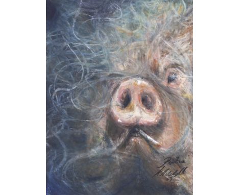 K Mitchell, pastel on paper, 'Portia'. Depicting a pig smoking a cigarette, signed, dated and titled in black lower right, 38
