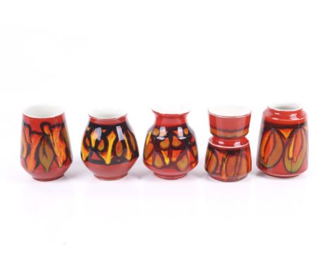 A collection of five small modern Poole Pottery Delphis vases. Various shapes. Max. H9cm