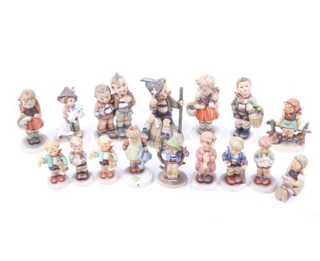 A collection of sixteen vintage Goebel Hummel figures. Including MAX & MORITZ #123, Girl with sheep Music #389, etc. Max. H12