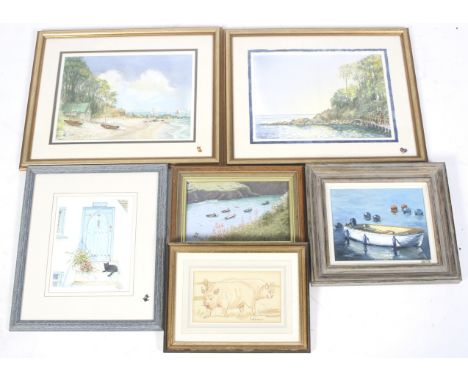 Six contemporary pictures. Including Frederick Chaplin Smith (1926-) oil on board 'Boats at Anchor, Port Issac', 16cm x 26.5c