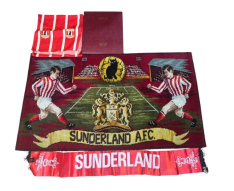 Axminster rug featuring Sunderland AFC possibly to commemorate FA Cup Final Win, FA Cup Final silk scarf, table sash and Volu
