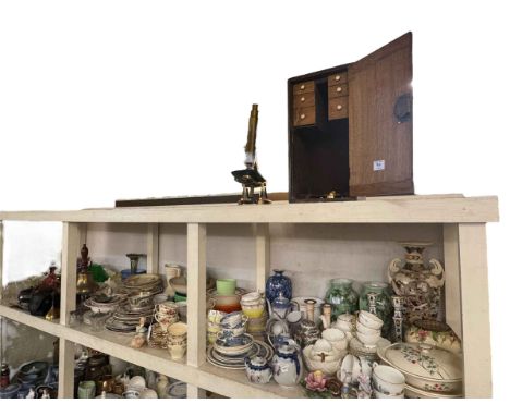 Cased microscope, two mounted silver coins including Morgan dollar, vases, teawares, china, vaseline epergne, ruby glass deca