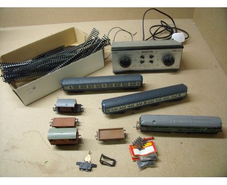 Selection of Hornby OO gauge railway including control unit and various track, rolling stock, passenger carriages and a Trian