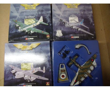 Four boxed Corgi Aviation Archive figures including Avro Lancaster Micky the Moocher Battle of Britain Memorial Flight, Boein