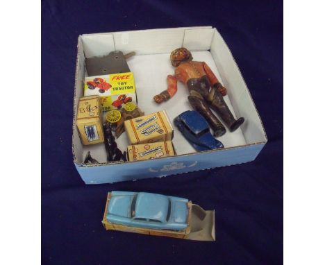 Selection of various assorted toys including articulated monkey, tinplate tractor, Dinky's Triumph car etc 
