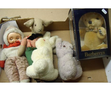 Boxed Burberrys bear and a selection of vintage bears and Eskimo type doll 