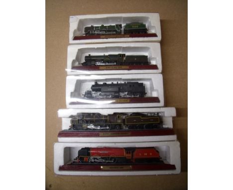 Five boxed scale collectable model locomotives including School Class Southern 900, King Class GWR, Duchess LMS, Pacific Chap