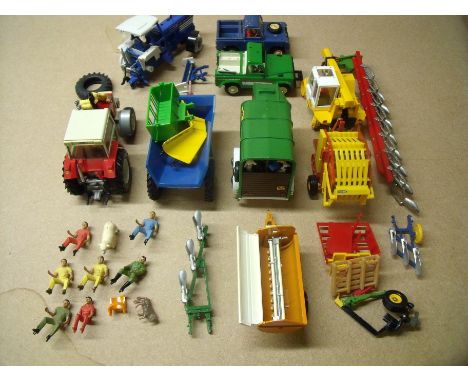 Collection of Britains farm vehicles, implements, figures, animals etc including Land Rovers, Ford TW35 Tractor, Massey Fergu