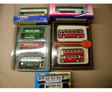 EFE die-cast Barton Bus Set, a Corgi Classics Leeds Closed Tram Set, Corgi Metro Bus, First Double-Decker UK Bus 4005 and The