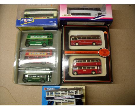 EFE die-cast Barton Bus Set, a Corgi Classics Leeds Closed Tram Set, Corgi Metro Bus, First Double-Decker UK Bus 4005 and The