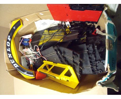 Selection of various vintage Scalextric with three cars and various accessories 