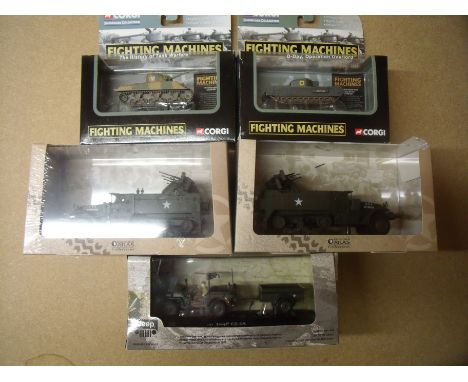 Two boxed Corgi fighting machine tanks MF Sherman and Churchill MKIV, a boxed die-cast Willis Jeep and two Atlas Editions US 