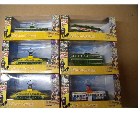 6 boxed Corgi Original Omnibus Company trams including Brush Rail Coach Blackpool Transport, Blackpool Brush Rail Coach Metro