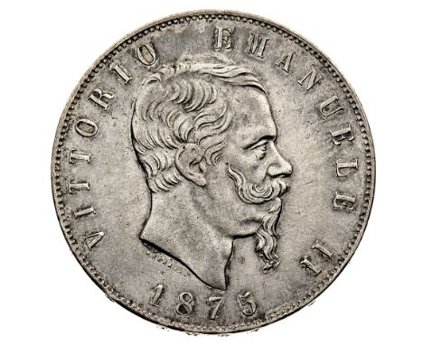 5 Lire 1875 - Zecca: Roma - Diritto: effigie del Re a destra - Rovescio: stemma di Casa Savoia coronato e circondato dal Coll