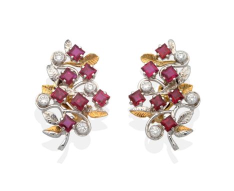 A Pair of 18 Carat Two Colour Gold Ruby and Diamond Clip Earrings, leaf sprays set with square cut rubies and round brilliant