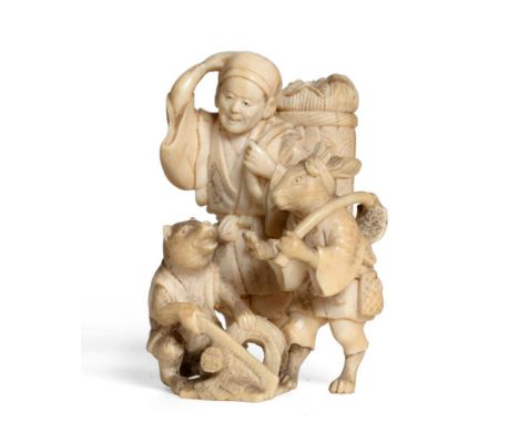 A Japanese Ivory Netsuke, Meiji period, carved with a scene from the Kachi-Kachi Yama legend, signed Masatsugu, 8cm high See 