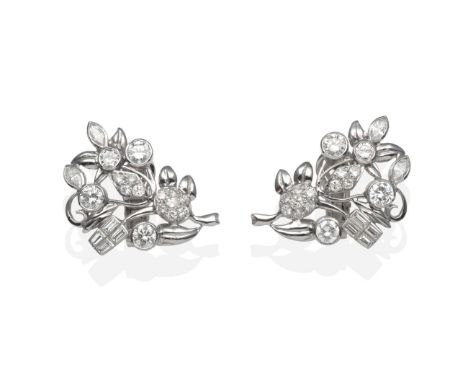 A Pair of 18 Carat White Gold Diamond Clip Earrings, floral sprays set with round brilliant cut, marquise cut and baguette cu