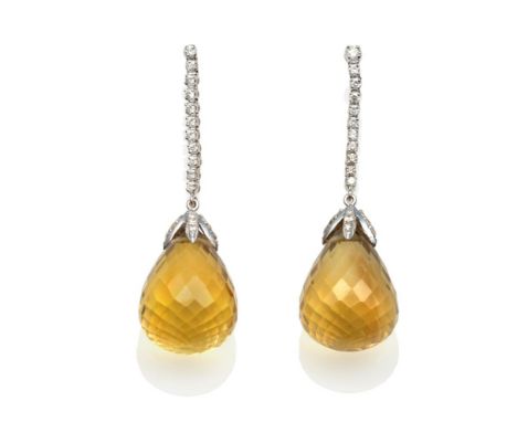 A Pair of 18 Carat White Gold Citrine and Diamond Earrings, a briolette cut citrine suspended from diamond set claws, to a li