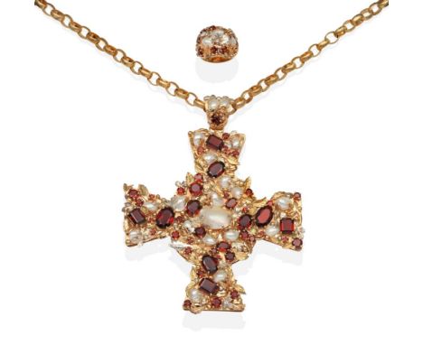 A Garnet and Baroque Pearl Cross Pendant on Chain Necklace, a large Celtic cross set throughout with vari-cut garnets and bar