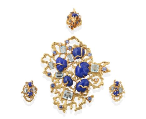 An 18 Carat Gold Lapis Lazuli, Aquamarine, Sapphire and Diamond Suite; Comprising a Large Brooch, a Pair of Clip Earrings and