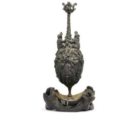 After Christophe Fratin (French, 1801-1864): A Bronze Table Lighter/Ashtray, cast as bears climbing a pole on an ovoid reserv