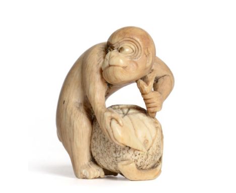 A Japanese Ivory Netsuke, 19th century, as a monkey peeling a persimmon fruit, signed Rantei, 5cm high See illustration