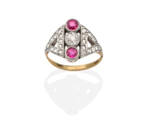 An Art Deco Ruby and Diamond Ring, a round cut ruby spaced by two old cut diamonds, to a pierced rose cut diamond set triangu