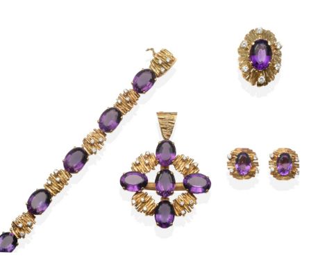 An 18 Carat Gold Amethyst and Diamond Suite; Comprising a Pendant, a Pair of Clip Earrings, a Bracelet and a Ring, oval cut a