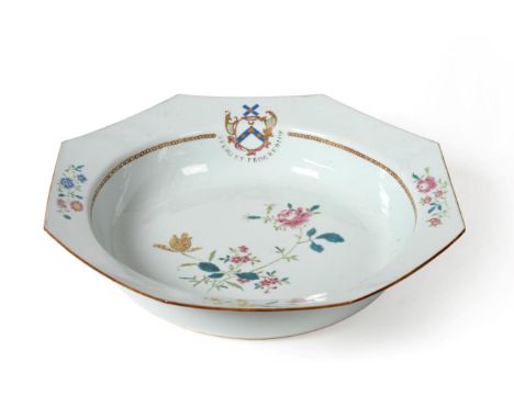 A Chinese Armorial Porcelain Octagonal Basin, Qianlong, painted in famille rose enamels with a rose and tulip spray and with 