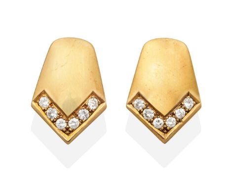 A Pair of Diamond Earrings, shield shaped plaques inset with a band of round brilliant cut diamonds, total estimated diamond 