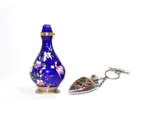 A Viennese Enamel Pear Shaped Scent Bottle, painted with flowers on a blue ground, 8.5cm high; and A Silver Scent Flask, by J