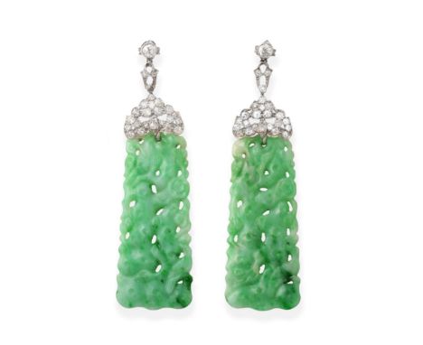 A Pair of Jade and Diamond Drop Earrings, a pierced jade plaque, depicting birds and flowers suspended from an articulated ol