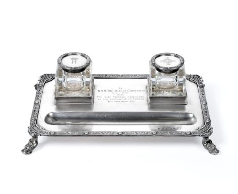 A George V Silver Presentation Inkstand of Irish Football Association Interest, Adie Brothers, Birmingham 1934, the rectangul