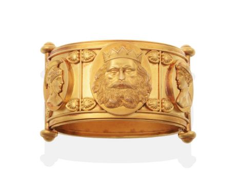 A Victorian Bangle, with applied panels depicting the busts of Jupiter, Mars and Mercury, measures 4.8cm by 5.5cm inner diame