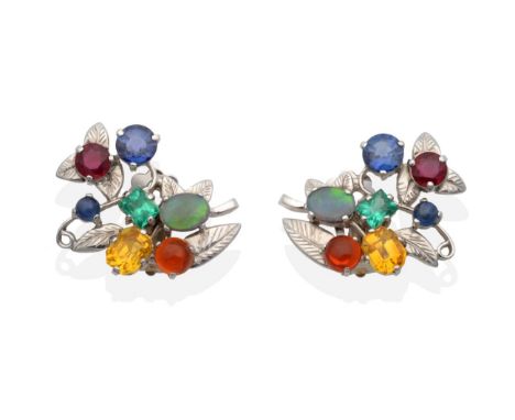 A Pair of 18 Carat White Gold Multi-Gemstone Dorrie Nossiter-Style Clip Earrings, set with citrine, fire opal, sapphire, emer