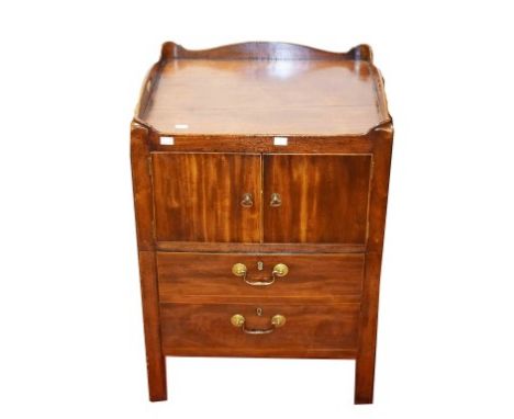 A GEORGE III PERIOD MAHOGANY TRAY-TOP COMMODE, adapted, now with two drawers and two cupboard doors, on square legs, 30" (176