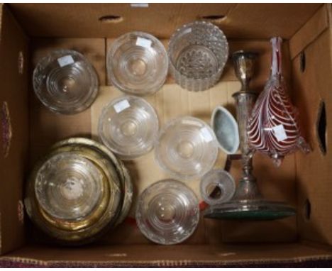 AN 19TH CENTURY ADAMS STYLE SILVER PLATED CANDLE STICK, various silver plated plates, assorted glass including a Nailsly ruby