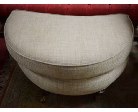 A DEMI LUNE STOOL, with cushion seat, covered in attractive tweede type fabric, and raised on four baluster turned legs, with