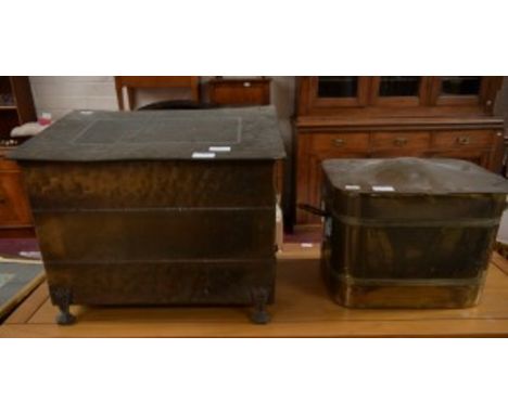 A SLOPE-TOP BRASS FUEL BIN, 19" (49 cm); together with another domed top similar Art Nouveau ditto and a brass cheval fire sc