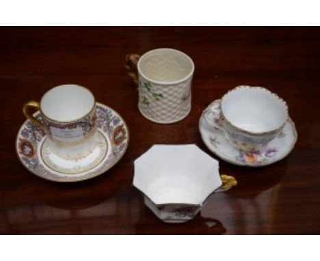 A COLLECTION OF MISCELLANEOUS CABINET CUPS AND SAUCERS, comprising an Imari pattern small Coalport blue, white, and gilt coff