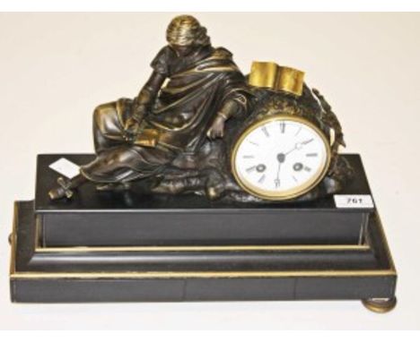 A RECTANGULAR BLACK POLISHED LIMESTONE FRENCH MANTEL CLOCK, with circular enamel dial and Roman numerals, lacking movement, t