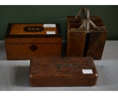 A SMALL RECTANGULAR OAK TEA CADDY, an olive wood fold over case with handle; and another wooden instrument case. (3) 