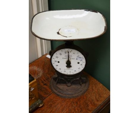 AN OLD CAST IRON KITCHEN FAMILY KITCHEN WEIGHING SCALES, by Class 2 Salters, with enamel pan; together with a nickel plated o
