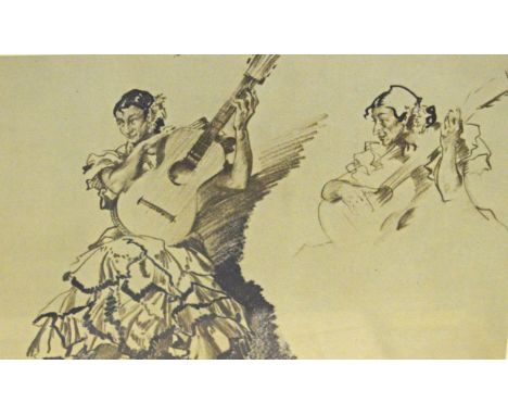A SMALL PRINT AFTER WILLIAM RUSSEL FLINT, an oval portrait print "Guitar Players", "A Woman" and another print. (3) 